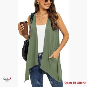 Lightweight Sleeveless Cardigan Vest with Pockets High Low Hem